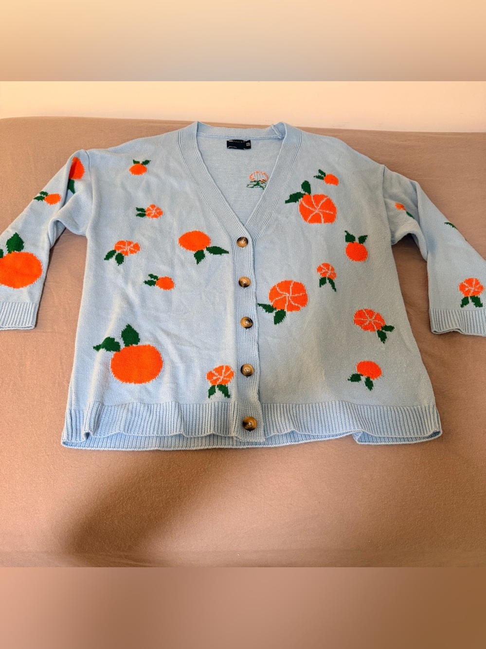 ASOS blue cardigan with orange fruit  print   Whimsical cottage core size 12